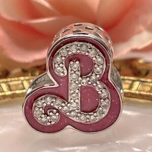 Bracelet Charm for Pandora Pink Barbie B with Rhinestones Sterling Silver